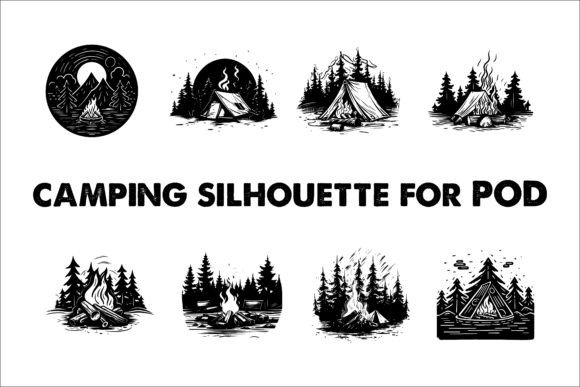 Camping Black Silhouette Illustration for Graphics and Crafts
