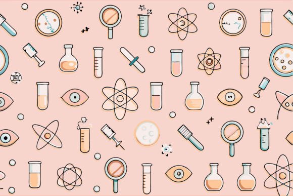 Pattern with Lab Elements Glass Flasks for Web and Editorial Design