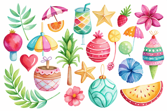 Watercolor Summer Ornament Clipart for Crafts and Graphics